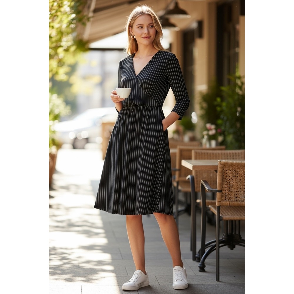 Renee C. Pinstripe‎ Dress V-Neck 3/4 Sleeve Career Casual Made in USA XS